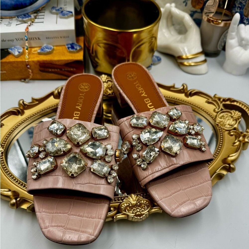 🆕 TORY BURCH 🧿 NWOT Martine 25mm Slides, Pink Croc Embossed Crystal Embellish - Picture 3 of 15